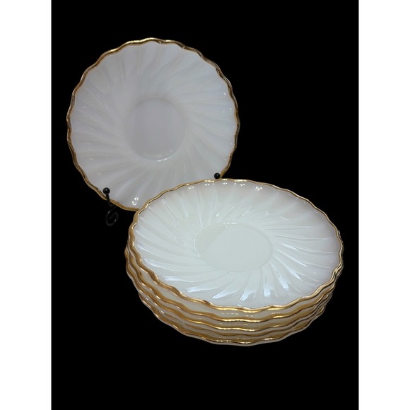 Anchor Hocking Other - Vintage 1950s Anchor Hocking Milk Glass Dessert Plates Set 6 Gold Trim Swirl MCM
